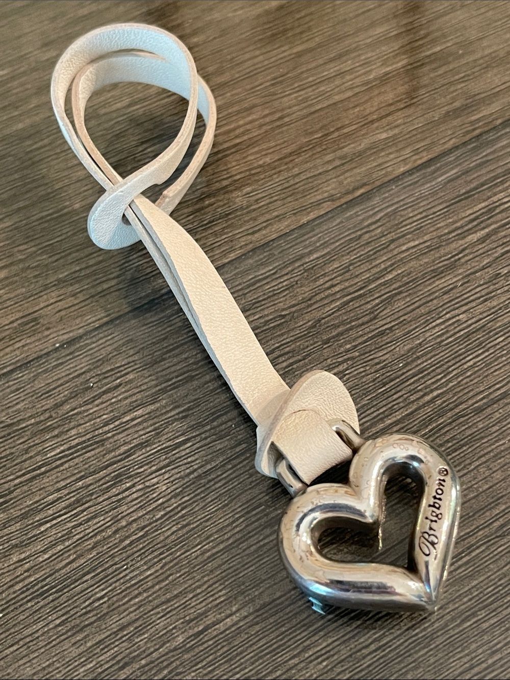 Brighton Silver Heart Keychain with White Leather Strap